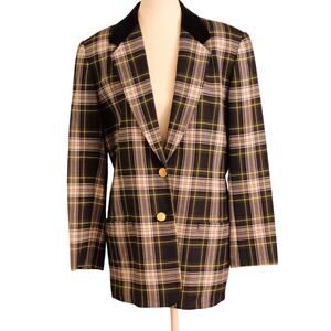 VTG Women's Pure Wool Hunter Green Plaid Blazer, Lined w/ Gold Buttons sz 6